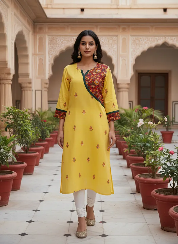Yellow_Woven_Cotton_Kurti_In_With_All_Over_Buti_Work_For_Women