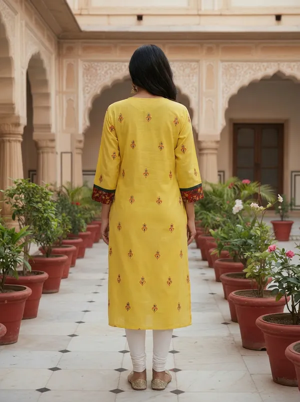 Yellow_Woven_Cotton_Kurti_In_With_All_Over_Buti_Work_For_Women