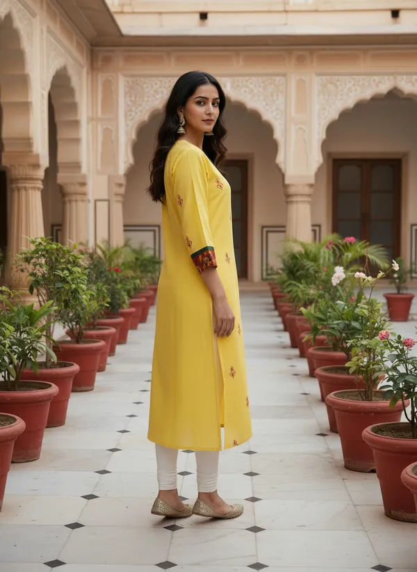 Yellow_Woven_Cotton_Kurti_In_With_All_Over_Buti_Work_For_Women