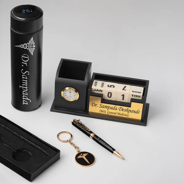 Black_And_Grey_Doctors_Combo_4_In_1_Temperature_Bottle,_Calendar_Pen_Stand,_Doctors_Pen,_Doctors_Keychain_Pack_Of_4