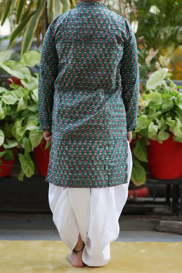 Teal_And_White_Floral_Cotton_Block_Print_Traditional_Kurta_Dhoti_Set_For_Boys