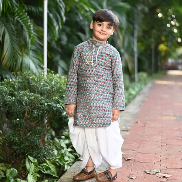 Teal_And_White_Floral_Cotton_Block_Print_Traditional_Kurta_Dhoti_Set_For_Boys