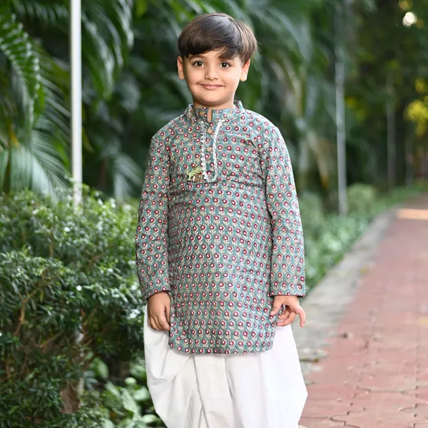 Teal_And_White_Floral_Cotton_Block_Print_Traditional_Kurta_Dhoti_Set_For_Boys