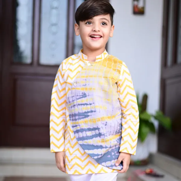 Yellow_And_White_Cotton_Block_Print_Chevron_Overlap_Shibori_Traditional_Kurta_Pyjama_Set_For_Boys