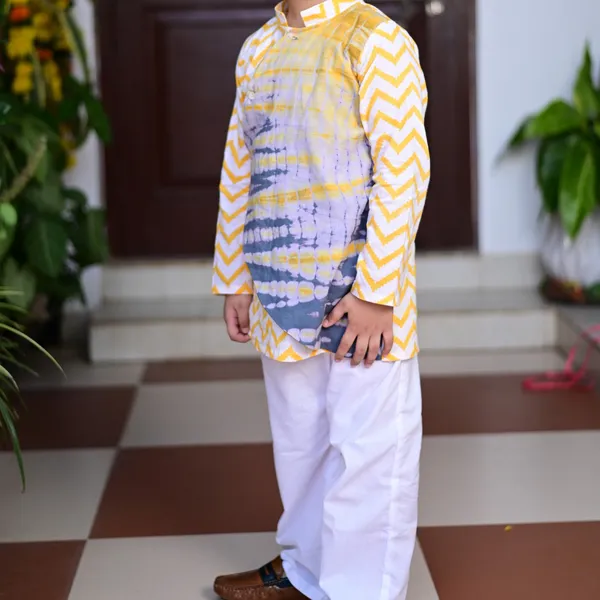Yellow_And_White_Cotton_Block_Print_Chevron_Overlap_Shibori_Traditional_Kurta_Pyjama_Set_For_Boys