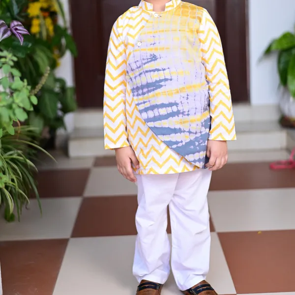 Yellow_And_White_Cotton_Block_Print_Chevron_Overlap_Shibori_Traditional_Kurta_Pyjama_Set_For_Boys