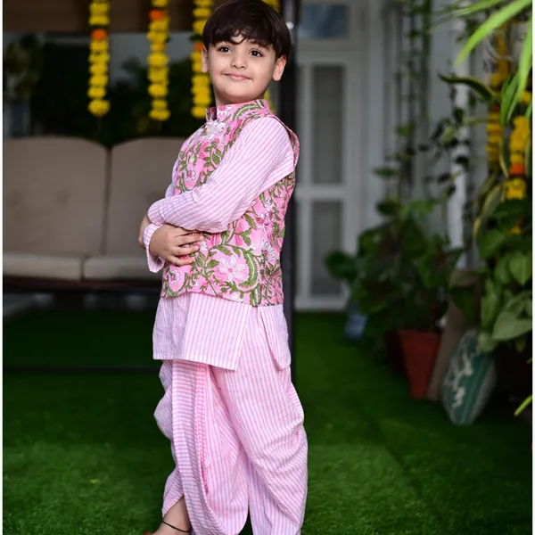 Pink_And_White_Three_Piece_Cotton_Block_Print_Traditional_Dhoti_Kurta_Jacket_Set_For_Boys