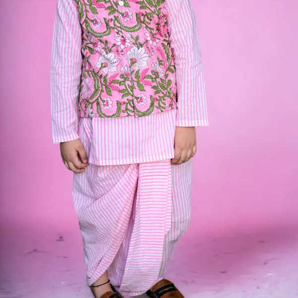 Pink_And_White_Three_Piece_Cotton_Block_Print_Traditional_Dhoti_Kurta_Jacket_Set_For_Boys