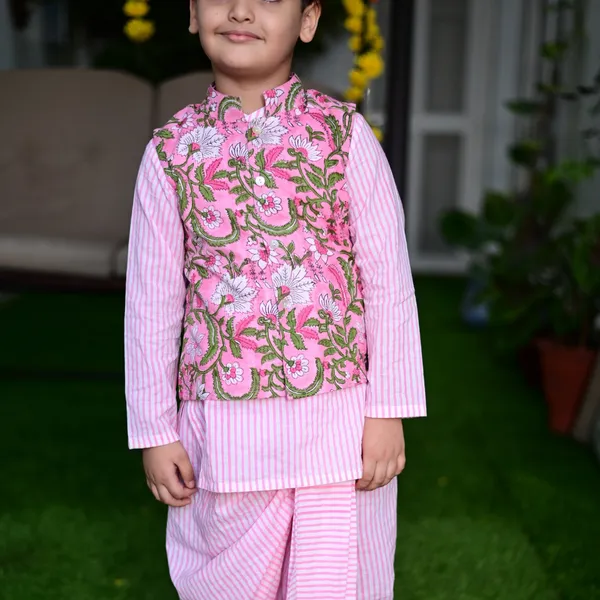 Pink_And_White_Three_Piece_Cotton_Block_Print_Traditional_Dhoti_Kurta_Jacket_Set_For_Boys