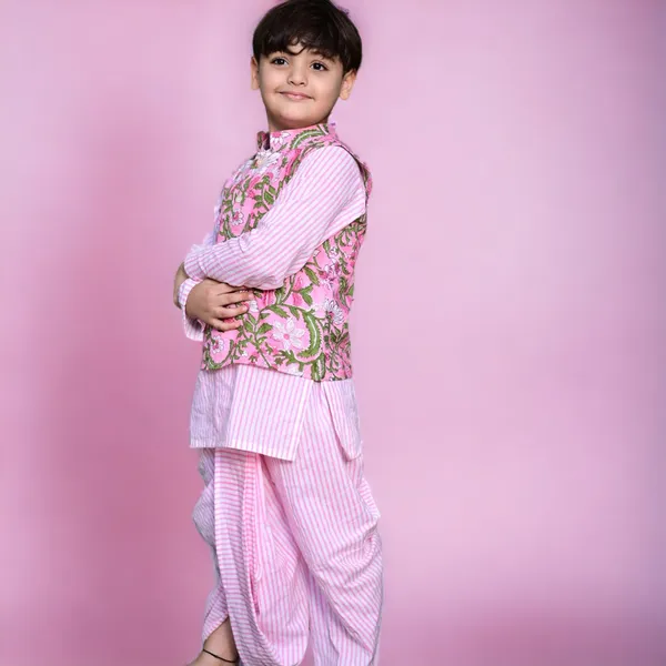 Pink_And_White_Three_Piece_Cotton_Block_Print_Traditional_Dhoti_Kurta_Jacket_Set_For_Boys