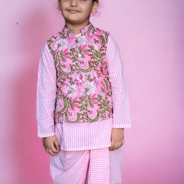Pink_And_White_Three_Piece_Cotton_Block_Print_Traditional_Dhoti_Kurta_Jacket_Set_For_Boys