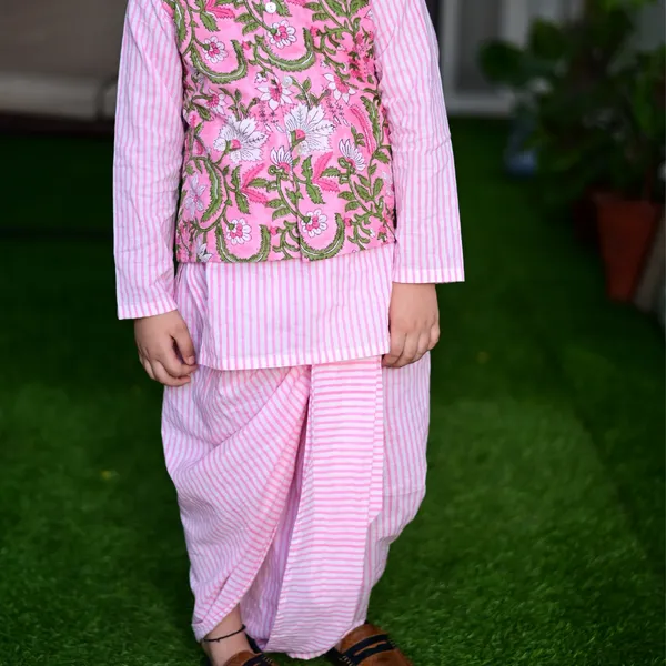 Pink_And_White_Three_Piece_Cotton_Block_Print_Traditional_Dhoti_Kurta_Jacket_Set_For_Boys