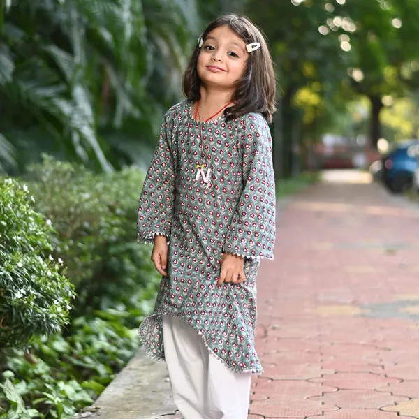 Teal_Green_Cotton_Block_Print_Floral_Kurta_Salwar_Set_For_Girls