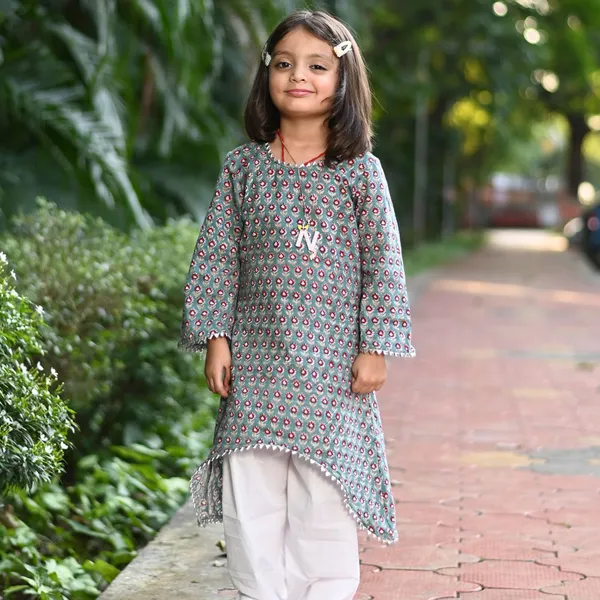 Teal_Green_Cotton_Block_Print_Floral_Kurta_Salwar_Set_For_Girls