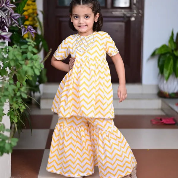Yellow_And_White_Chevron_Block_Printed_Cotton_Sharara_Kurta_Set_With_Gota_Embroidery_For_Girl