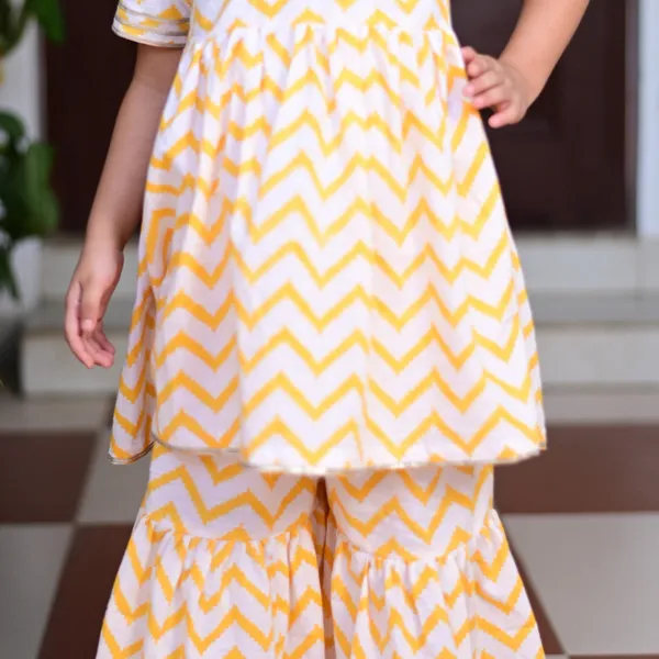 Yellow_And_White_Chevron_Block_Printed_Cotton_Sharara_Kurta_Set_With_Gota_Embroidery_For_Girl