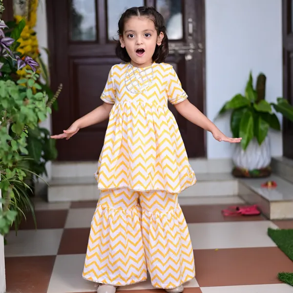 Yellow_And_White_Chevron_Block_Printed_Cotton_Sharara_Kurta_Set_With_Gota_Embroidery_For_Girl