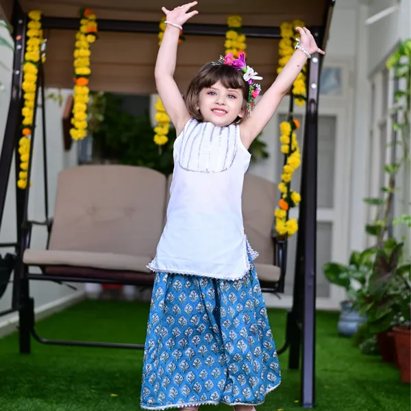 Blue_And_White_Block_Printed_Cotton_Lehenga_Sleeveless_Gota_Top_Set_For_Girls
