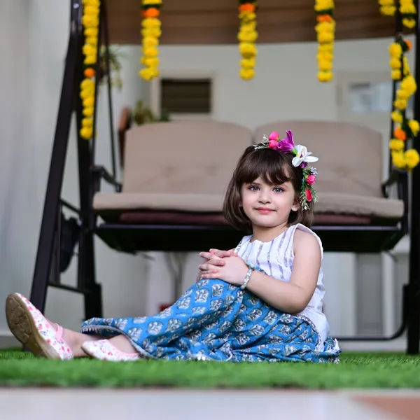 Blue_And_White_Block_Printed_Cotton_Lehenga_Sleeveless_Gota_Top_Set_For_Girls