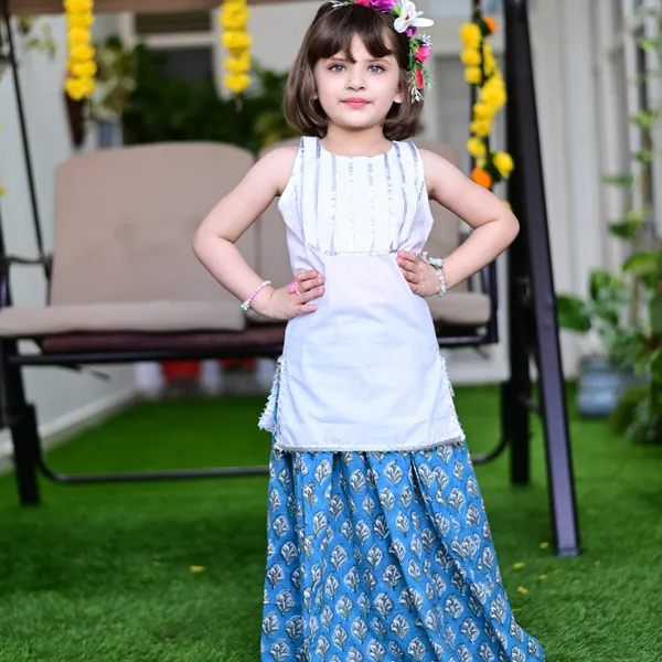 Blue_And_White_Block_Printed_Cotton_Lehenga_Sleeveless_Gota_Top_Set_For_Girls