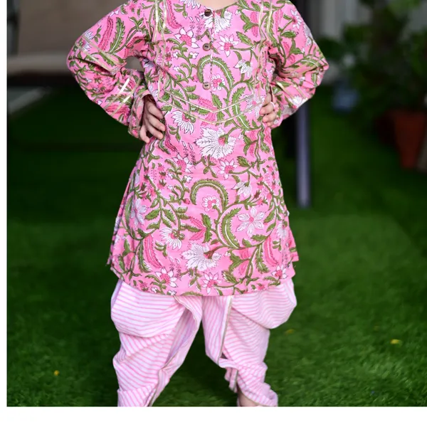 Pink_And_White_Cotton_Block_Printed_Traditional_Dhoti_Kurta_Set_With_Gota_Highlights_For_Girls