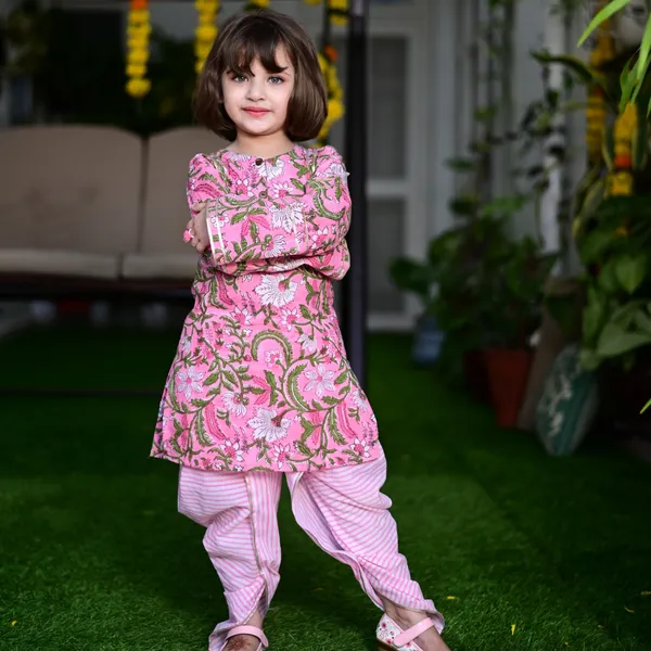 Pink_And_White_Cotton_Block_Printed_Traditional_Dhoti_Kurta_Set_With_Gota_Highlights_For_Girls