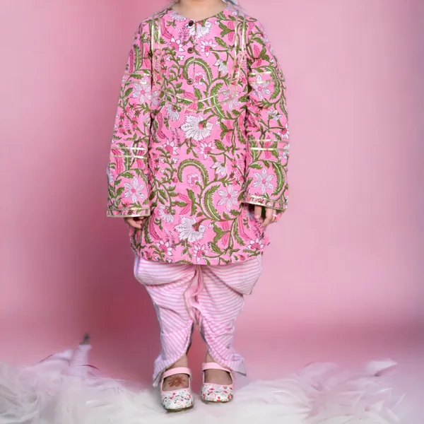 Pink_And_White_Cotton_Block_Printed_Traditional_Dhoti_Kurta_Set_With_Gota_Highlights_For_Girls