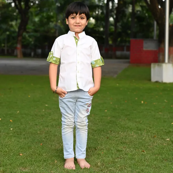 White_Cotton_With_Green_Block_Print_Folded_Sleeves_Shirt_For_For_Boys