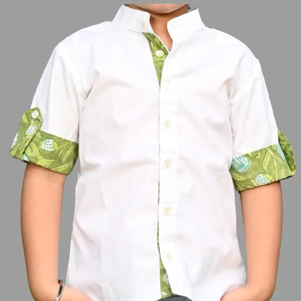 White_Cotton_With_Green_Block_Print_Folded_Sleeves_Shirt_For_For_Boys