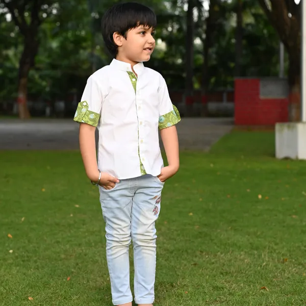 White_Cotton_With_Green_Block_Print_Folded_Sleeves_Shirt_For_For_Boys