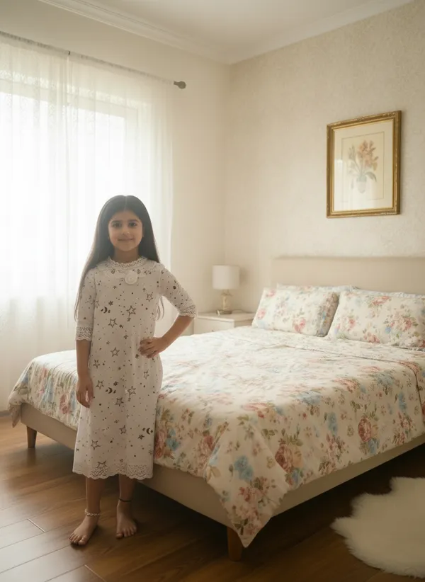 White_Soft_Cotton_Star_Print_Nighty_For_Girl