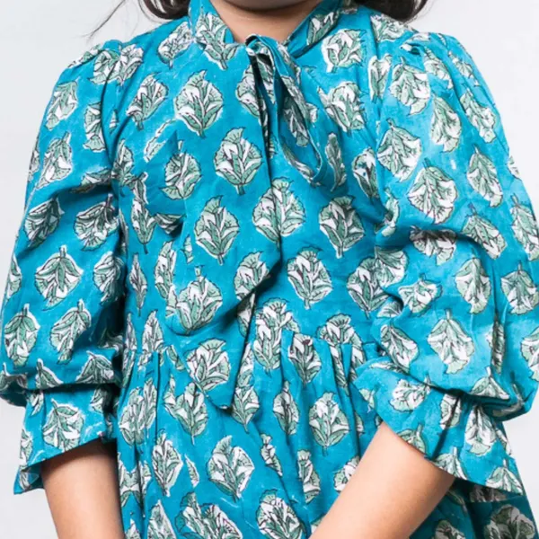 Blue_Block_Printed_Soft_Cotton_Long_Sleeves_Ruffled_Knee_Length_Dress_For_Girls