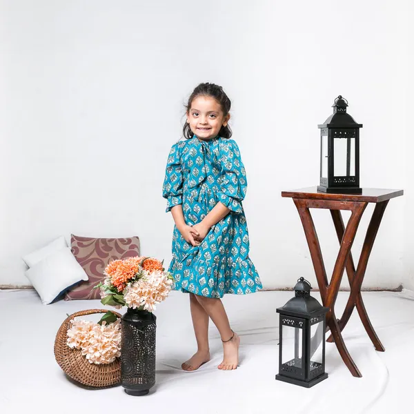 Blue_Block_Printed_Soft_Cotton_Long_Sleeves_Ruffled_Knee_Length_Dress_For_Girls