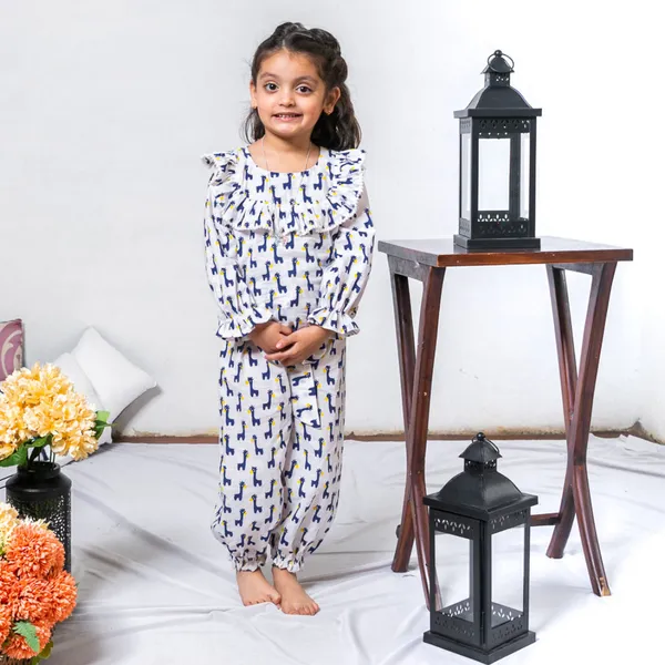 White_&_Blue_Two_Piece_Cotton_Animal_Block_Print_Top_And_Culottes_Set_For_For_Girls
