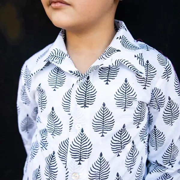 White_Cotton_Leaf_Block_Printed_Full_Sleeves_Shirt_For_For_Boys