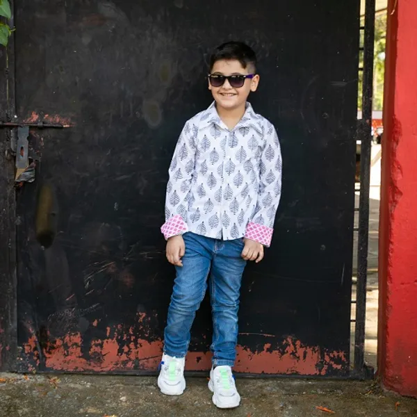 White_Cotton_Leaf_Block_Printed_Full_Sleeves_Shirt_For_For_Boys