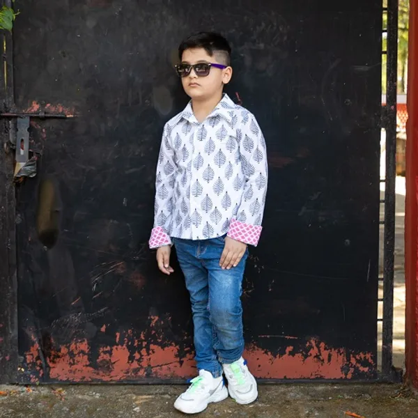 White_Cotton_Leaf_Block_Printed_Full_Sleeves_Shirt_For_For_Boys