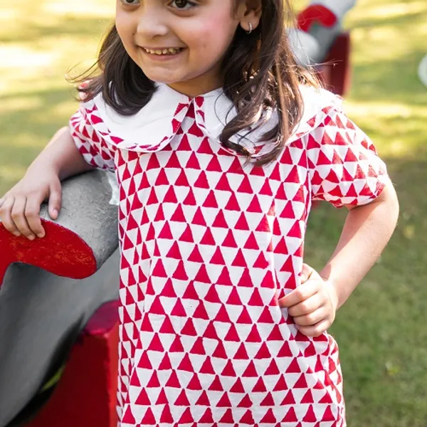 Red_And_White_Block_Printed_Cotton_Short_A_Line_Tunic_Dress_With_Collar_For_Girls