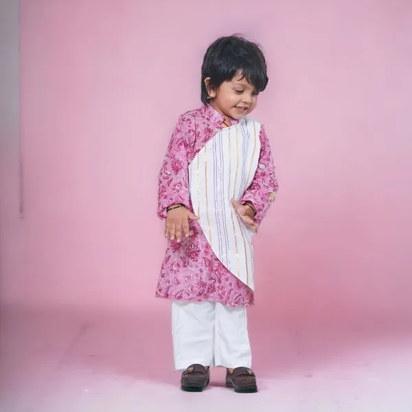 Pink_And_White_Overlap_Traditional_Cotton_Block_Print_Kurta_Pyjama_Set_For_Boys