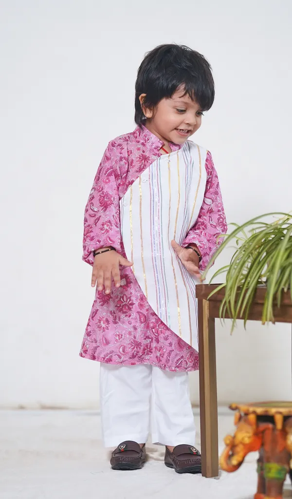 Pink_And_White_Overlap_Traditional_Cotton_Block_Print_Kurta_Pyjama_Set_For_Boys