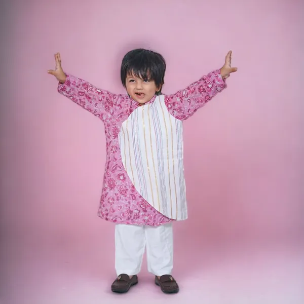 Pink_And_White_Overlap_Traditional_Cotton_Block_Print_Kurta_Pyjama_Set_For_Boys