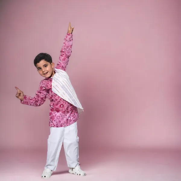 Pink_And_White_Overlap_Traditional_Cotton_Block_Print_Kurta_Pyjama_Set_For_Boys
