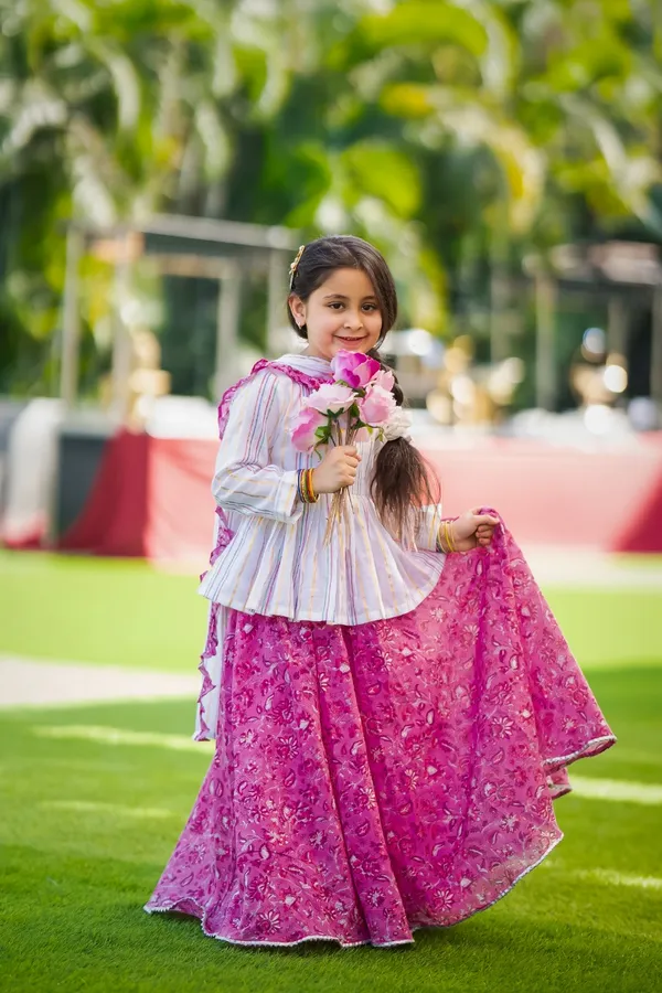 Pink_And_White_Three_Piece_Cotton_Block_Print_And_Floral_Lehenga_Peplum_Top_Dupatta_Set_For_Girl