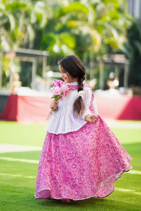 Pink_And_White_Three_Piece_Cotton_Block_Print_And_Floral_Lehenga_Peplum_Top_Dupatta_Set_For_Girl