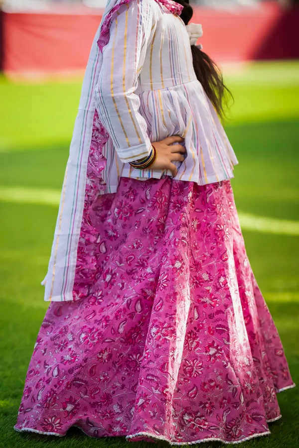 Pink_And_White_Three_Piece_Cotton_Block_Print_And_Floral_Lehenga_Peplum_Top_Dupatta_Set_For_Girl