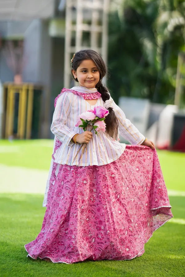 Pink_And_White_Three_Piece_Cotton_Block_Print_And_Floral_Lehenga_Peplum_Top_Dupatta_Set_For_Girl