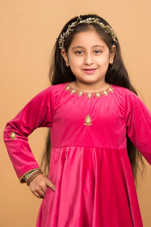 Pink_Velvet_Peplum_Kurta_And_Salwar_Hand_Embroidery_Set_For_Girls