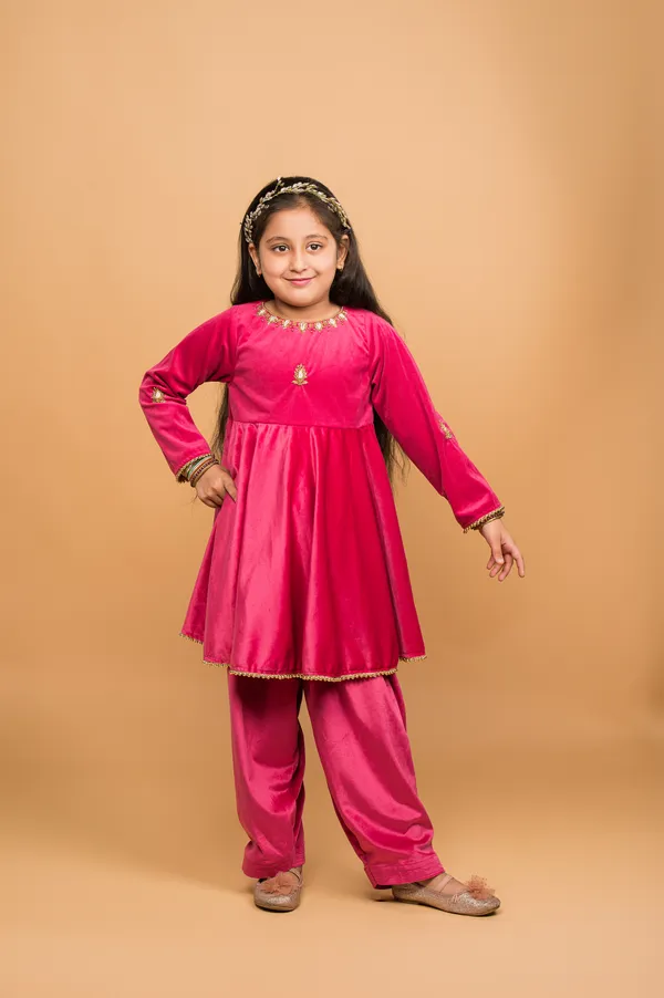 Pink_Velvet_Peplum_Kurta_And_Salwar_Hand_Embroidery_Set_For_Girls