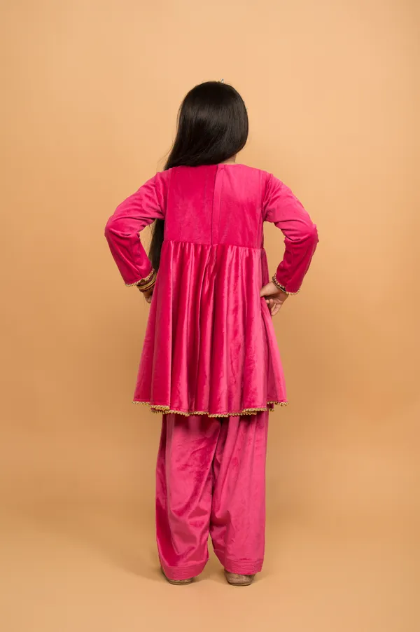 Pink_Velvet_Peplum_Kurta_And_Salwar_Hand_Embroidery_Set_For_Girls