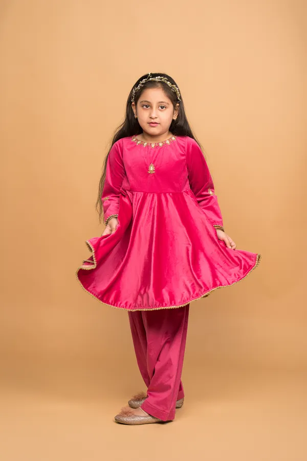 Pink_Velvet_Peplum_Kurta_And_Salwar_Hand_Embroidery_Set_For_Girls